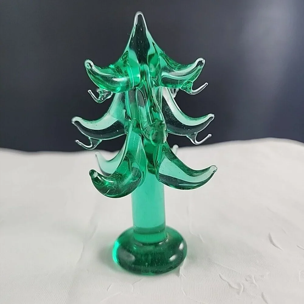 Vintage Art Glass Christmas Tree 4" with miniature ornaments green figurine deco - Picture 5 of 7